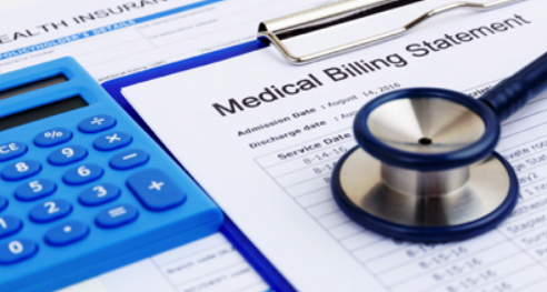 Medical billing statement with stethoscope and calculator